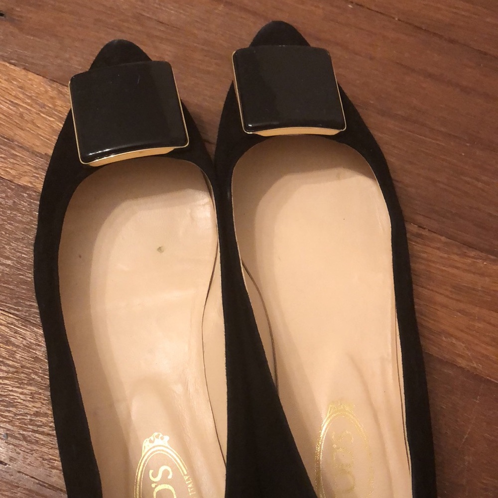 Tod's Black Suede Ballet Flats Square Buckle Designer Shoes Size 36.5 - Picture 5 of 6
